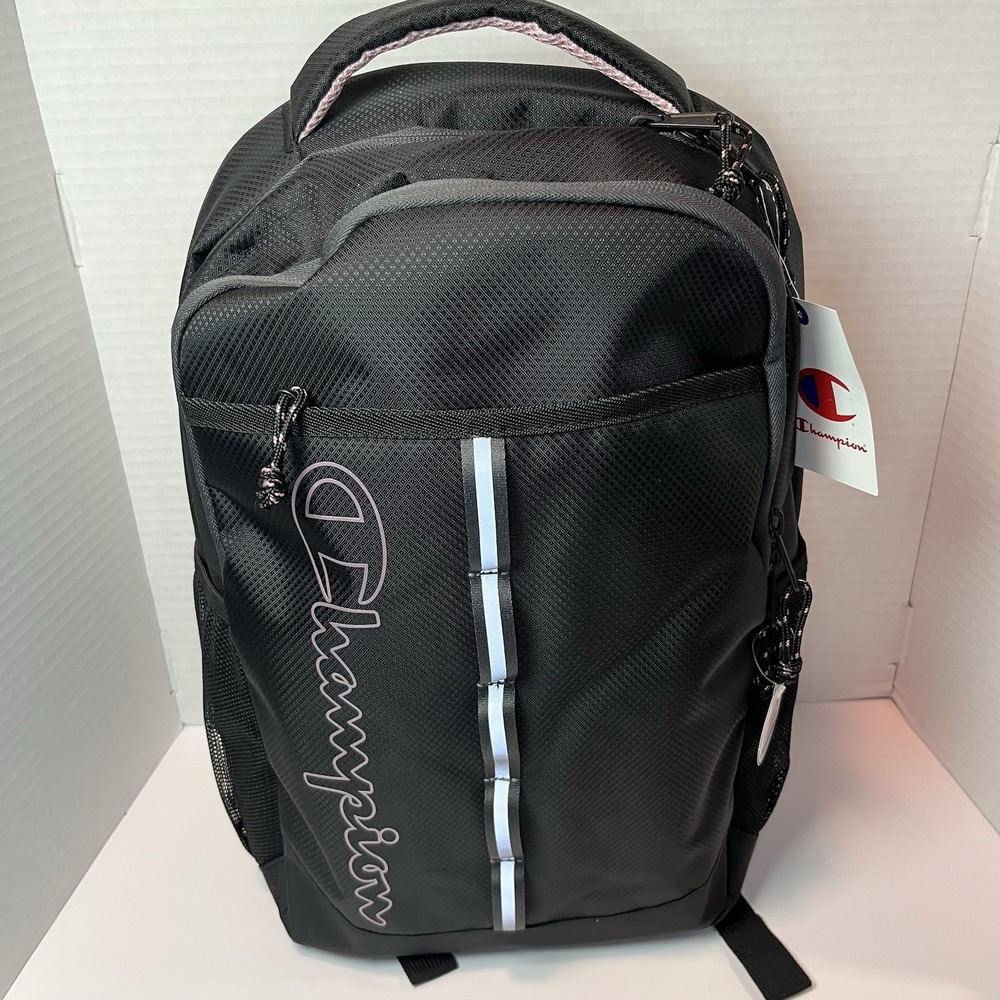 Champion Backpack Black Pink Laptop School Bag Reflective Stripe CS2-3025 NEW